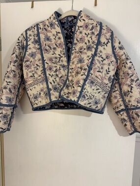 Mango Floral Quilted Cropped Jacket - Cream, Blue & Pink